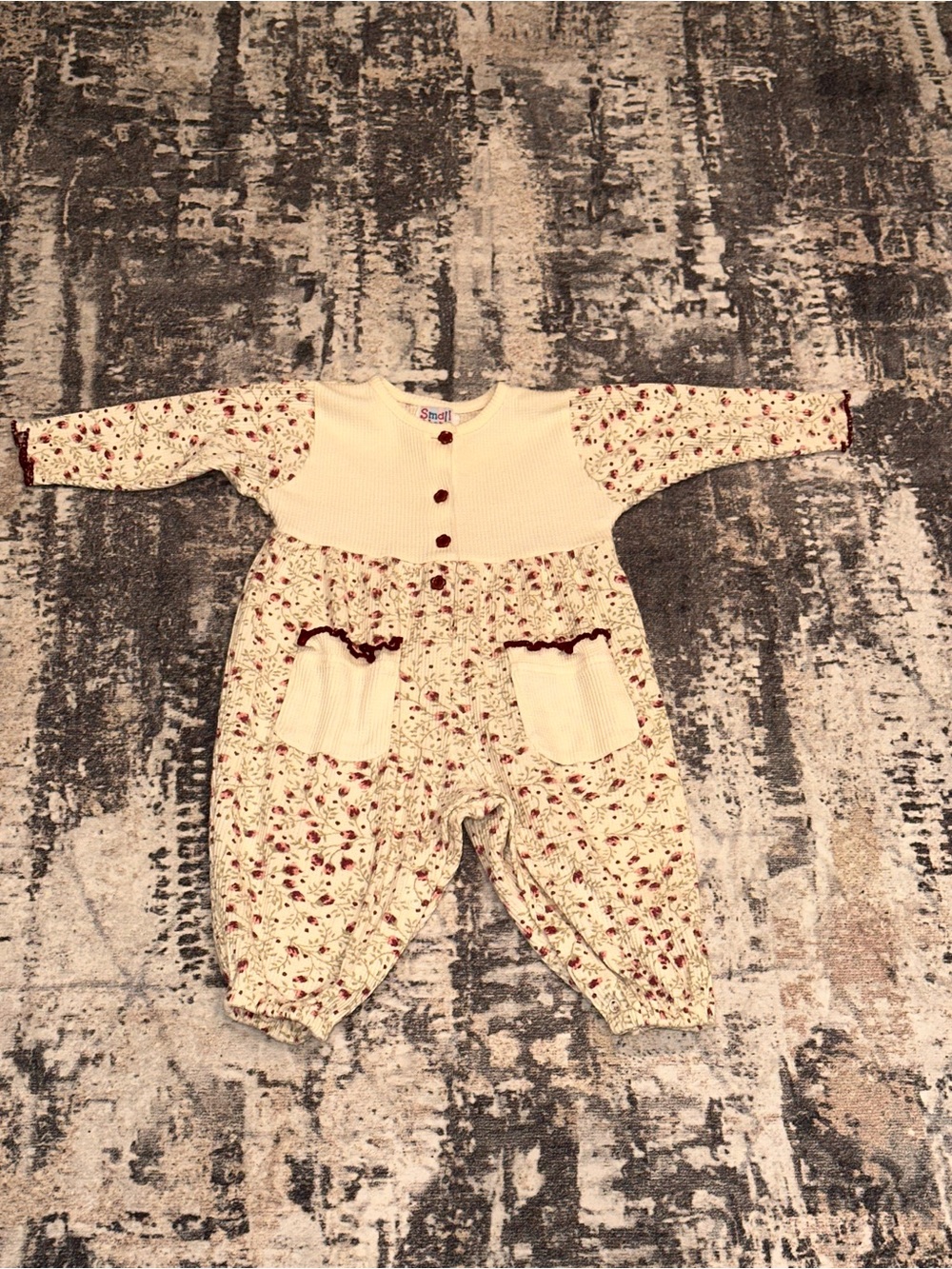 cream and burgundy floral one-piece